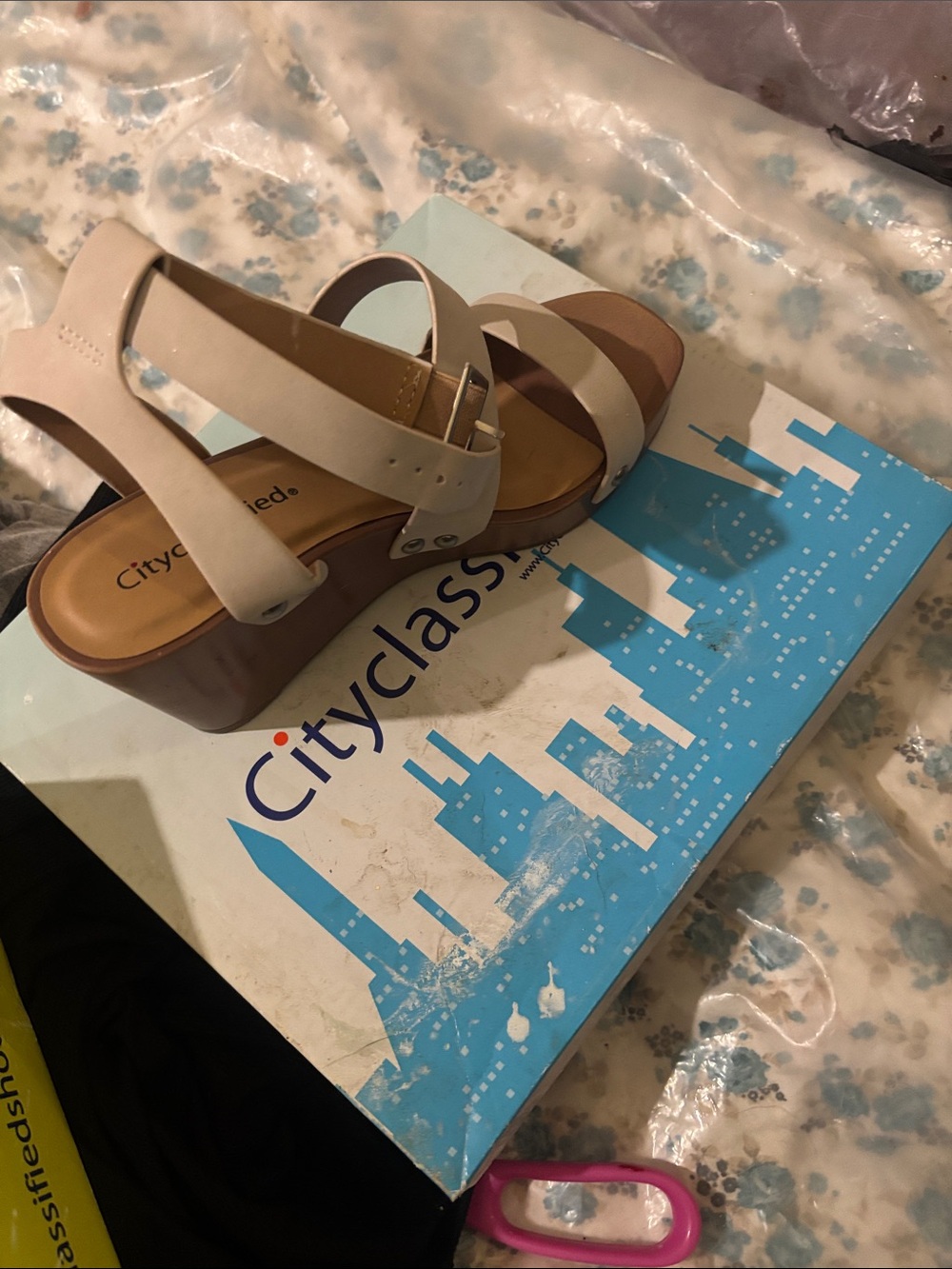Cityclassified Beige Strap Platform Wedges with Brown Sole